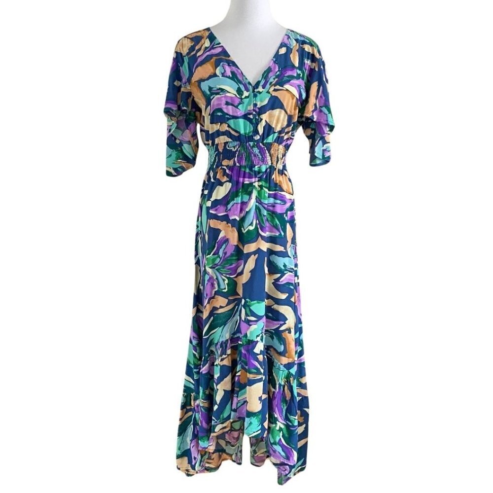 NWT ABEL THE LABEL PURPLE GREEN SALVIA PRINT SHORT SLEEVE HIGH LOW MAXI DRESS